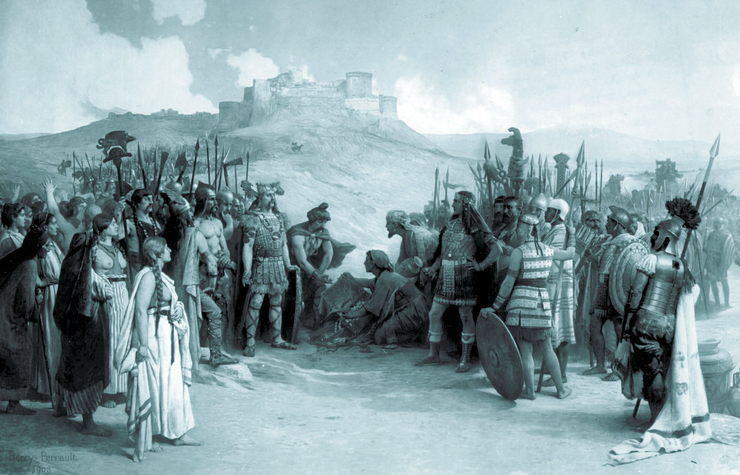 Hannibal negotiated with the Gauls as he marched his army along the Mediterranean toward Italy, as depicted in this 1903 painting. He wanted to gain allies as he traveled.