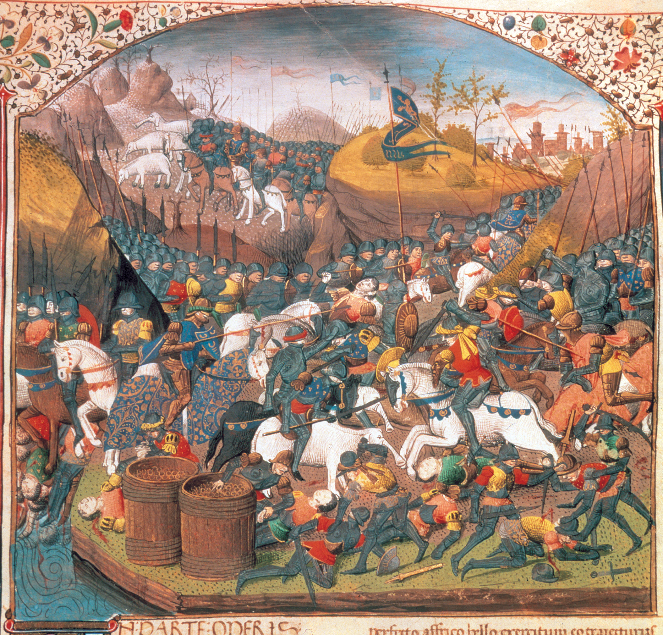In this 15th-century book miniature, Hannibal’s troops encounter local resistance and then forge ahead to the high passes of the Alps. 