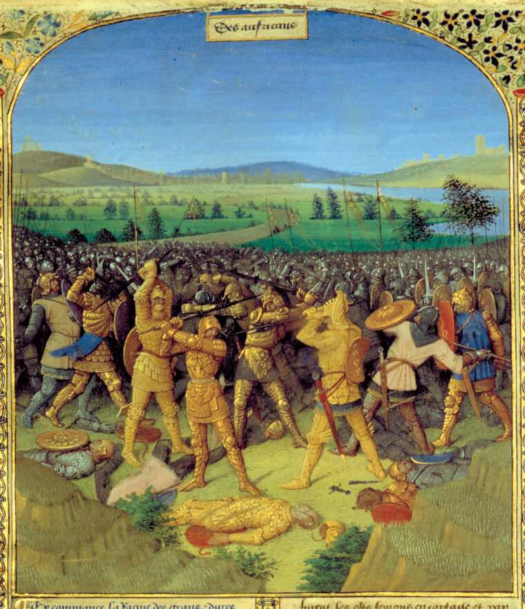 Another 15th-century depiction of a Roman-Carthaginian struggle. The Romans are fighting under banners bearing the letters SPQR, which stand for “The Senate and the People of Rome.”