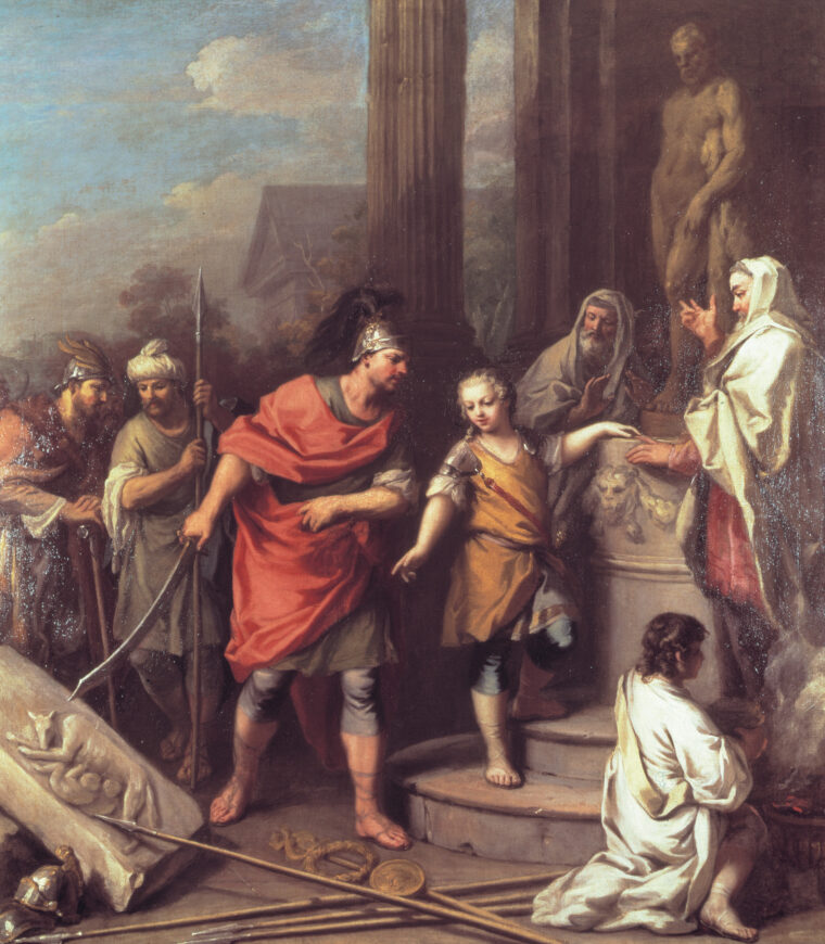 Hannibal swears his eternal enmity to Rome in this 17th-century Italian painting.