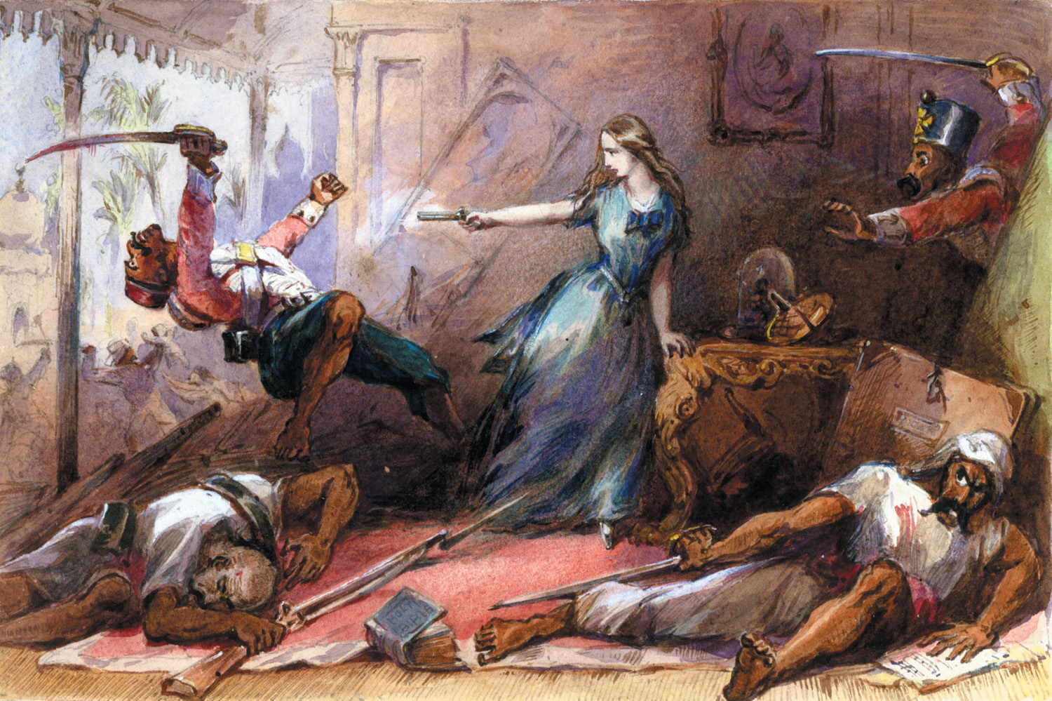 In one of many images created to depict English heroism during the rebellion, General Hugh Wheeler's wife defends herself against attacking sepoys at Cawnpore.
