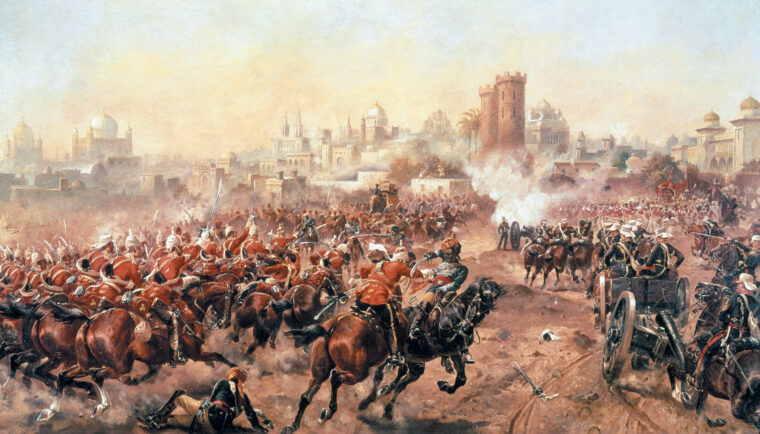 In this painting by Harry Payne, British cavalry of the Queen's Bays rout Indian mutineers at Lucknow, March 6, 1858.