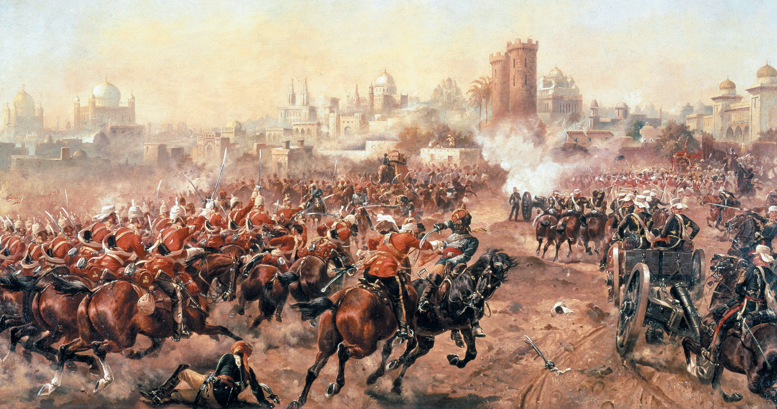 In this painting by Harry Payne, British cavalry of the Queen's Bays rout Indian mutineers at Lucknow, March 6, 1858.