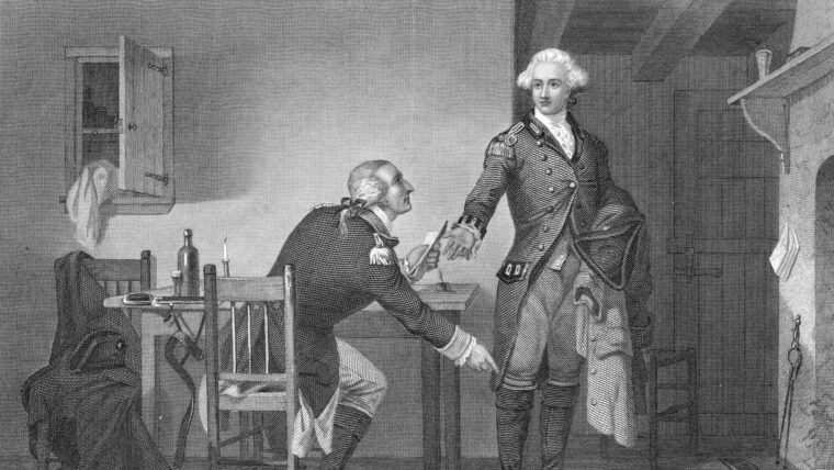 Benedict Arnold tells British Major André to hide military papers in his boot. Washington’s spy ring helped foil the pair’s plot to capture West Point.