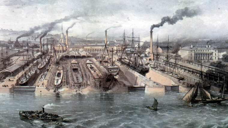 This 1862 lithograph shows Liverpool shipbuilding. The longest unmasted hull may be what eventually became the CSS Alabama.