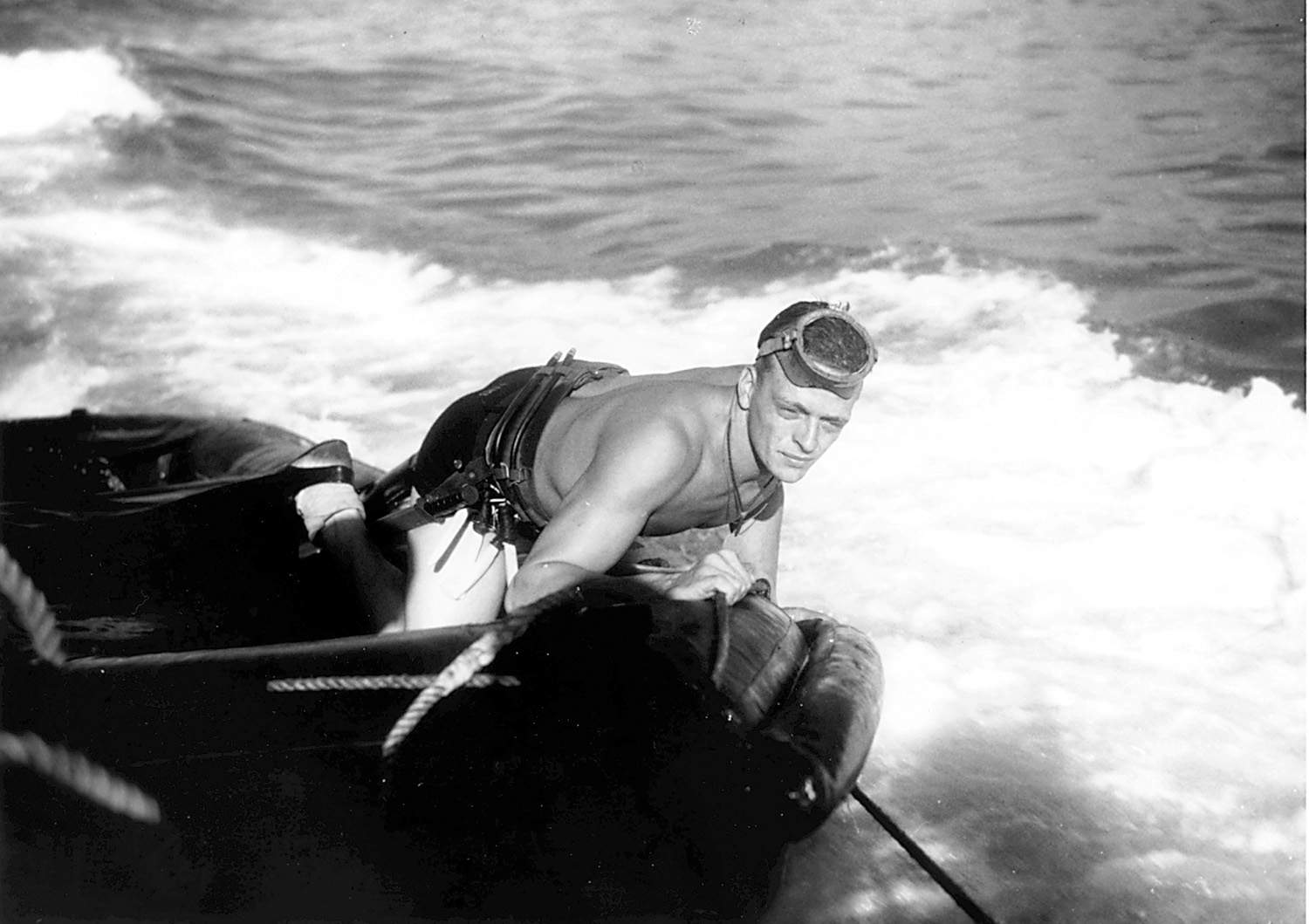 A Scout awaits the signal to go overboard on his reconnaissance mission off Borneo in July 1945.