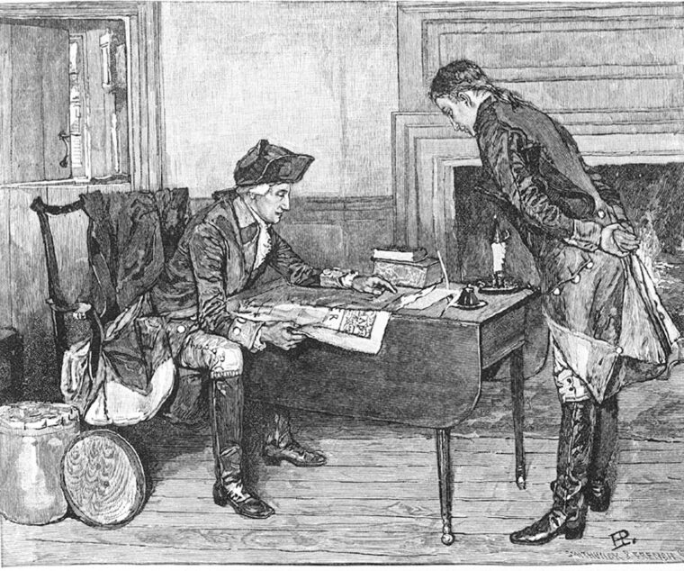 Outnumbered, outgunned, outsupplied, George Washington realized he had to know his enemy’s intentions and movements in order for the Continental Army to survive. Here he instructs Nathan Hale on a spy mission.