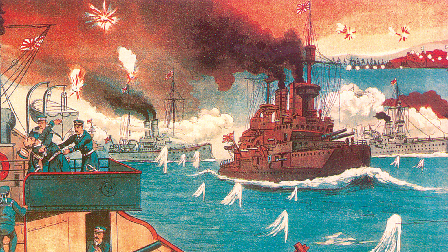 Japanese warships steam into Port Arthur, Manchuria, bombarding Russian defenses and ships. Sidney Reilly purportedly sold Japanese information about the port when he lived there just before the war.