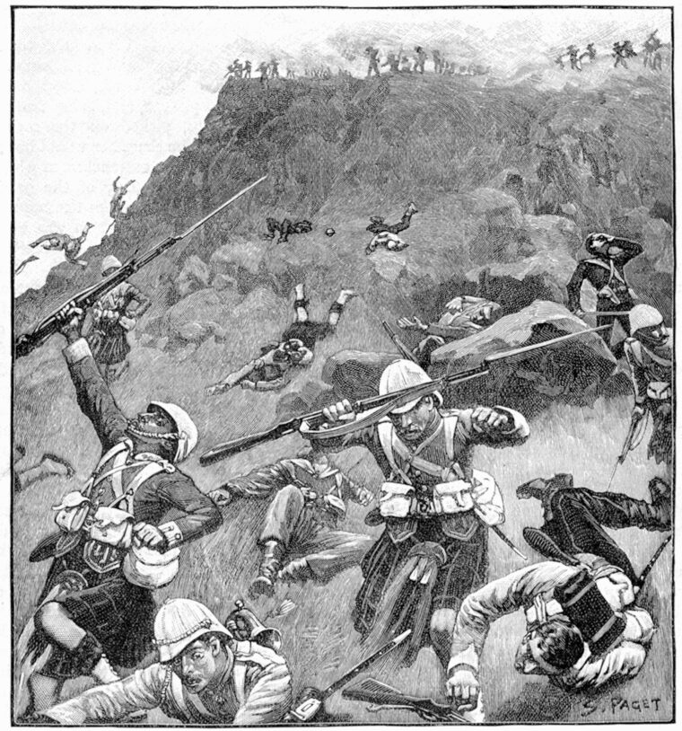 The Boers continue to fire upon the British soldiers even as the latter flee down the slopes of the promontory.