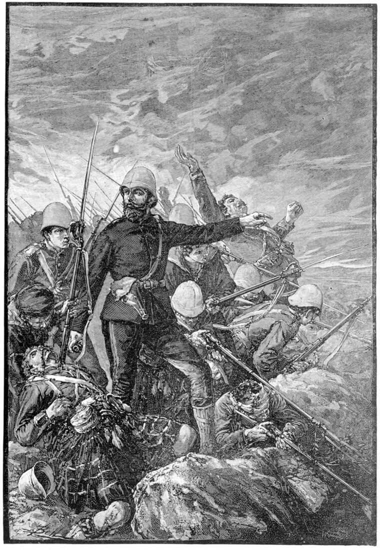 Sir George Colley, the British commander, strode among his men attempting to direct their fire at the ascending Boers.
