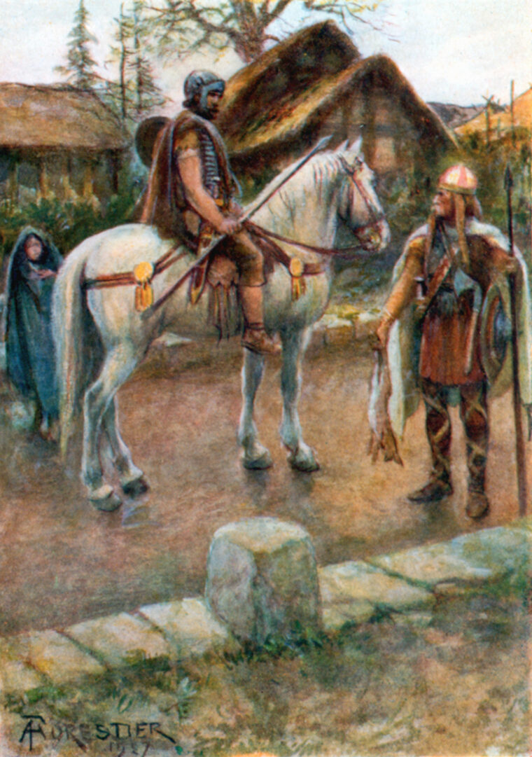 A Spanish horseman greets a Frankish soldier.