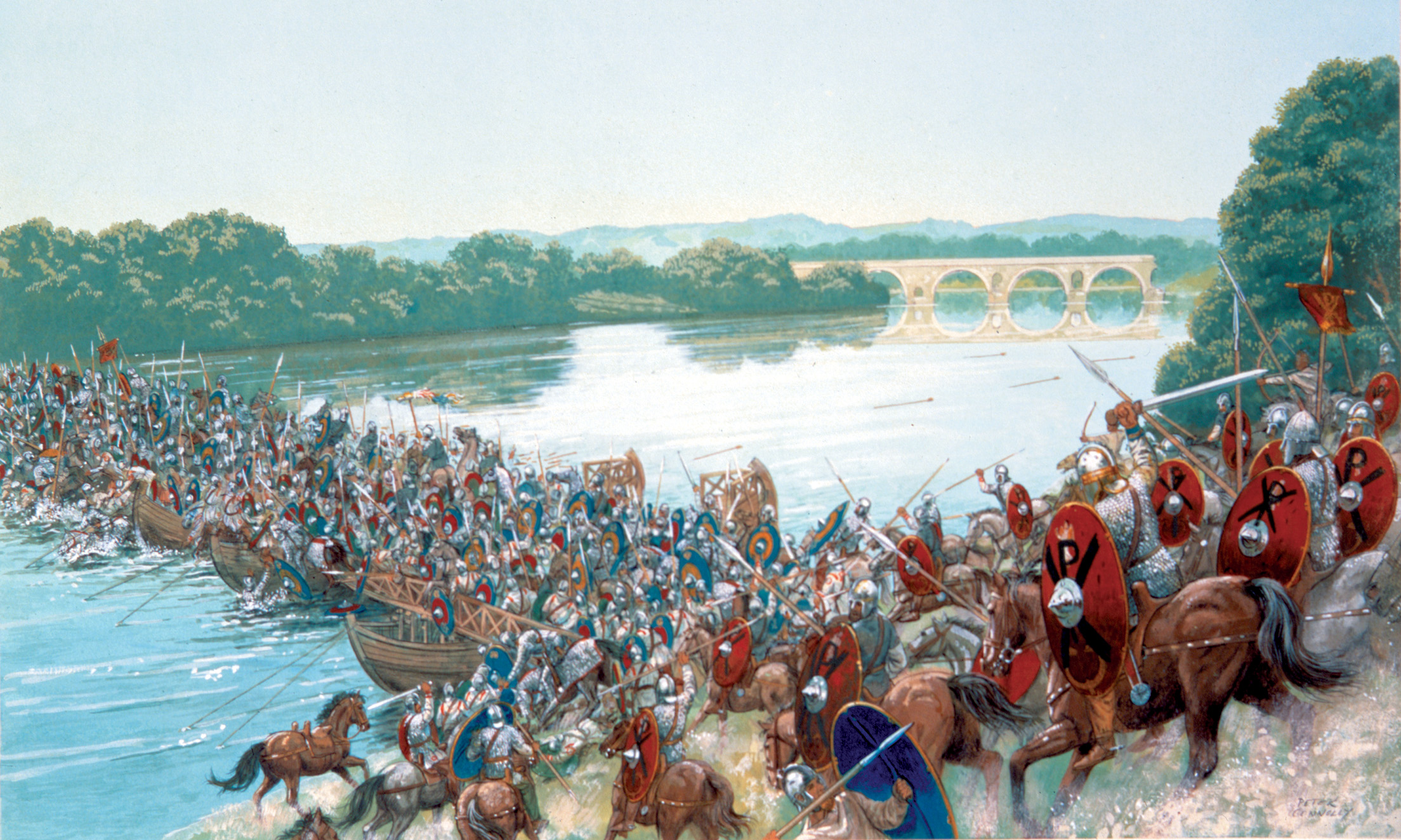 With Chi-Rho painted on their shields, Constantine’s men crowd down to the pontoon structure over which Maxentius’s men were trying to escape.    