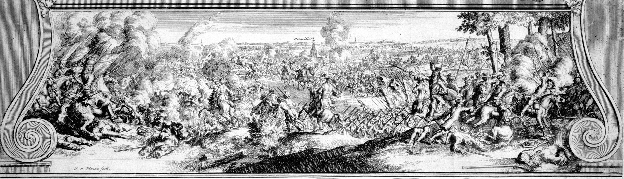 A French engraving purports to show the battle from the English/Dutch side. Ramillies is in the center.