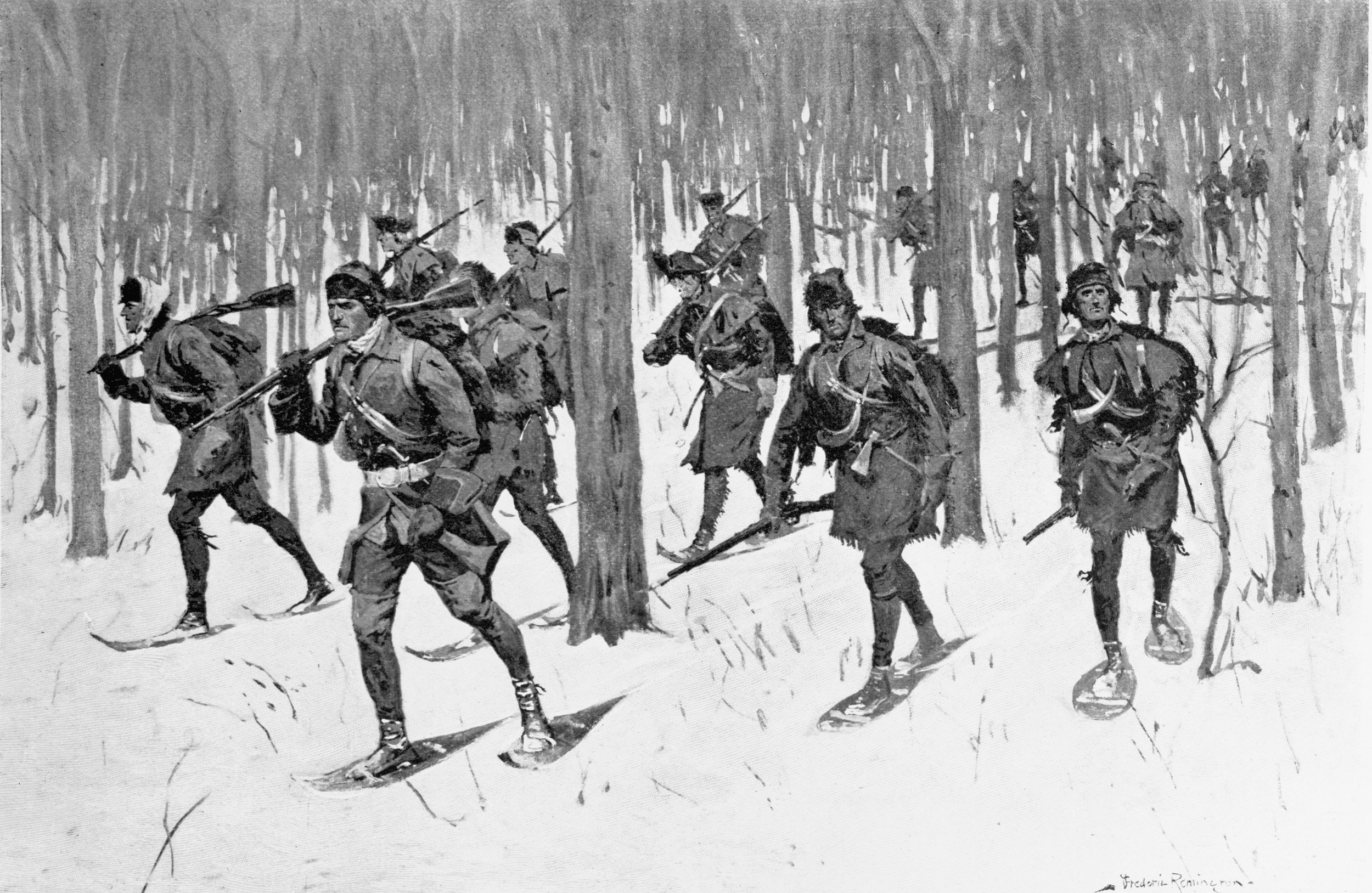 The Rangers move through wintery forest on snowshoes. In reality, their clothing was not nearly so uniform.
