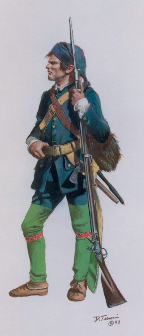 A soldier of the French Royal La Marine, his uniform modified for more practical service in the wilderness of North America.