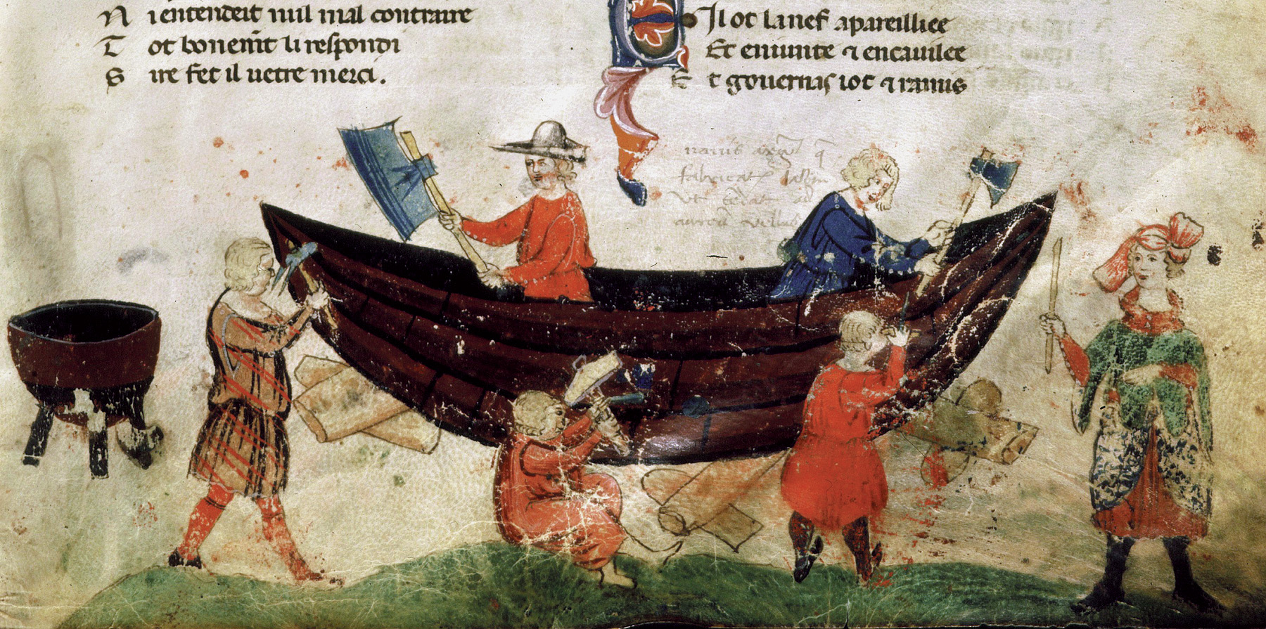 A 14th-century manuscript illustration shows some of the skills and tools of ship building.  The craft shown here is tiny, but naval construction actually took large strides in this period.
