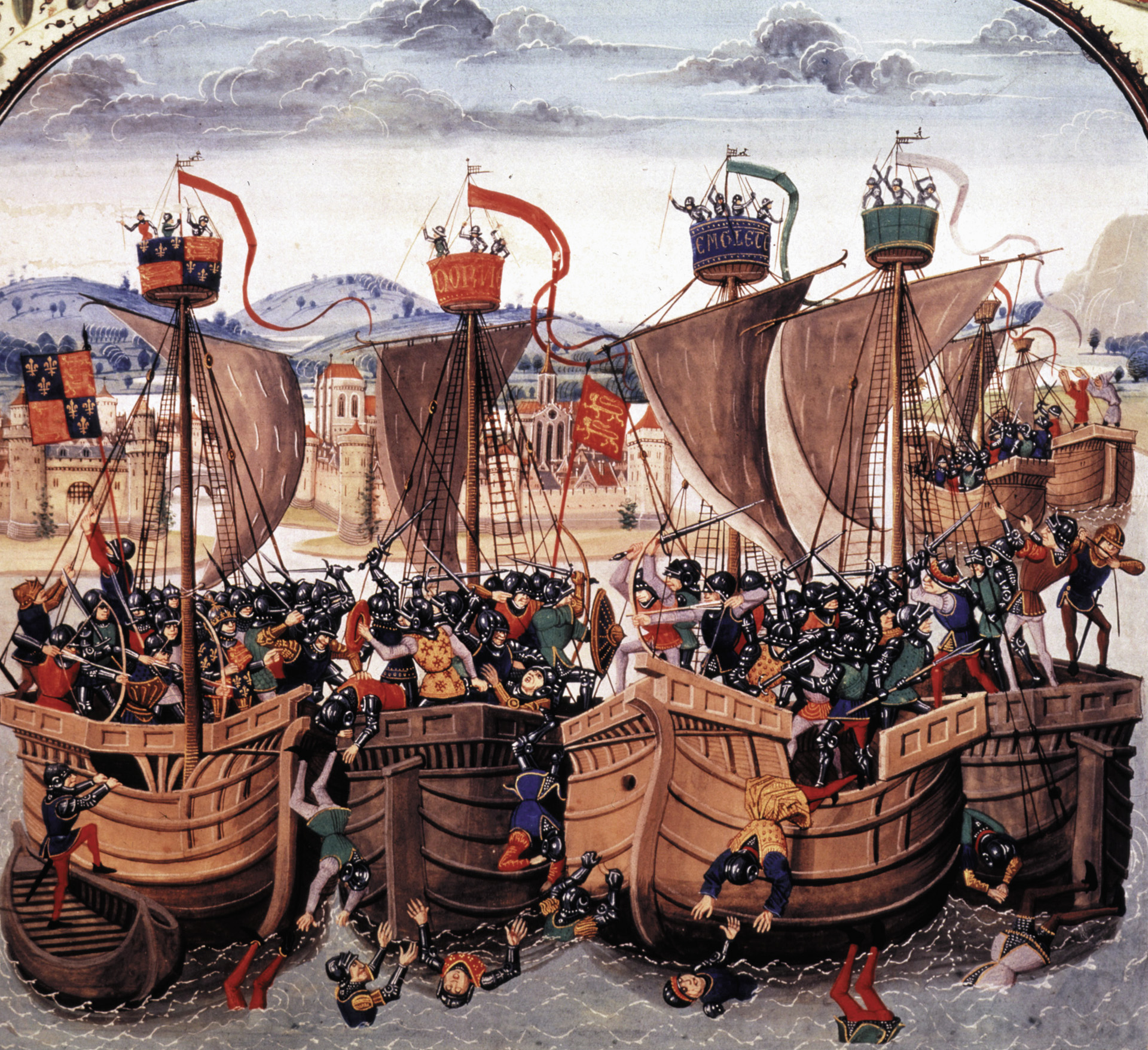 A colorful illustration depicting the naval Battle of Sluys attempts to demonstrate the common tactic of maneuvering the ships to touching and then letting onboard combatants fight it out like infantry. The battle was an early struggle of the Hundred Years’ War. 