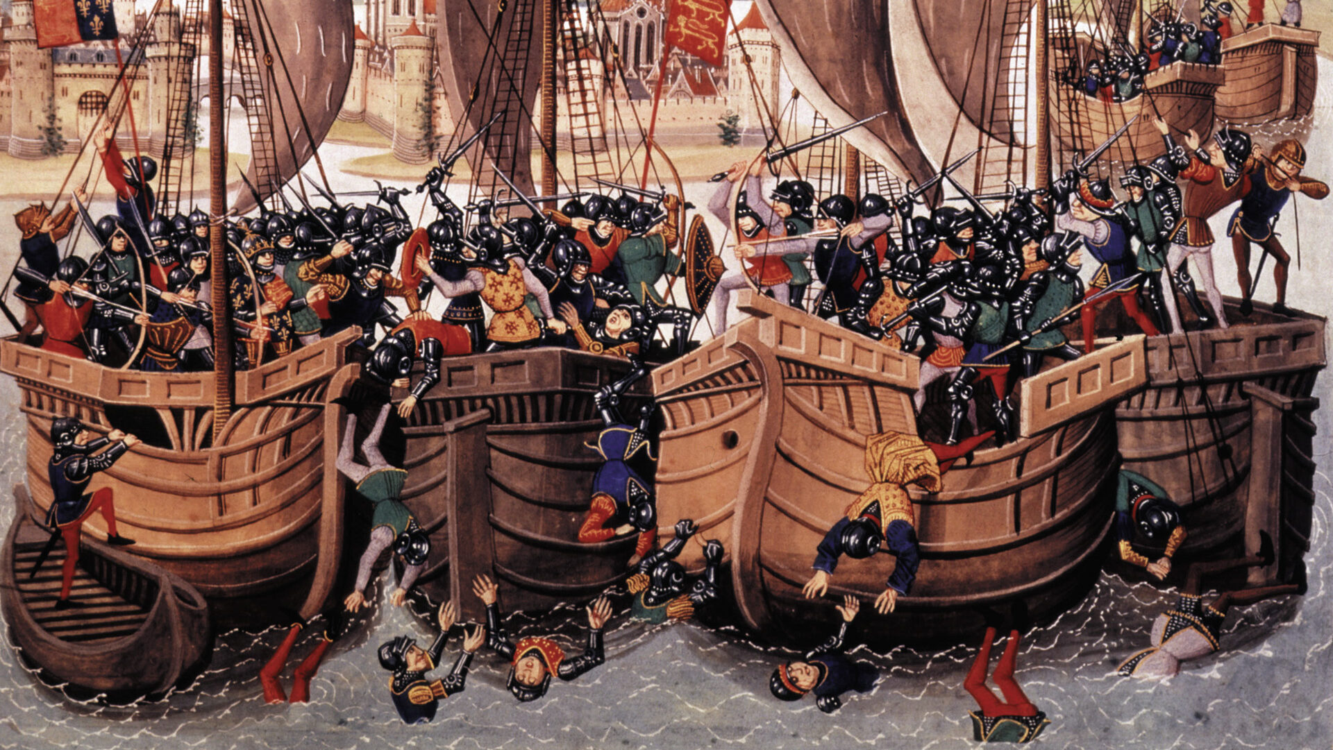 A colorful illustration depicting the naval Battle of Sluys attempts to demonstrate the common tactic of maneuvering the ships to touching and then letting onboard combatants fight it out like infantry. The battle was an early struggle of the Hundred Years’ War. OPPOSITE: Edward III warred with France to win its crown. He was 38 at the time of Sluys.