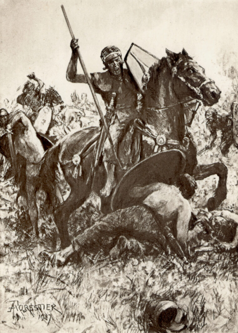 An auxiliary, non-Roman cavalryman attacks a German tribesman. Corbulo gained valuable experience along the German frontier.