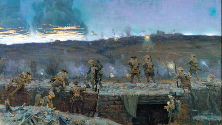 The sky lit with explosions, the 3rd Australian Division moves out of the trenches at Messines. During the attack, Captain Jacka’s company captured three machine gun nests and an artillery position.