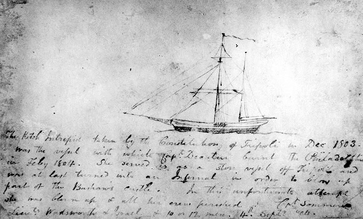 A sketch of the Intrepid, used in the raid to destroy the captured Philadelphia.