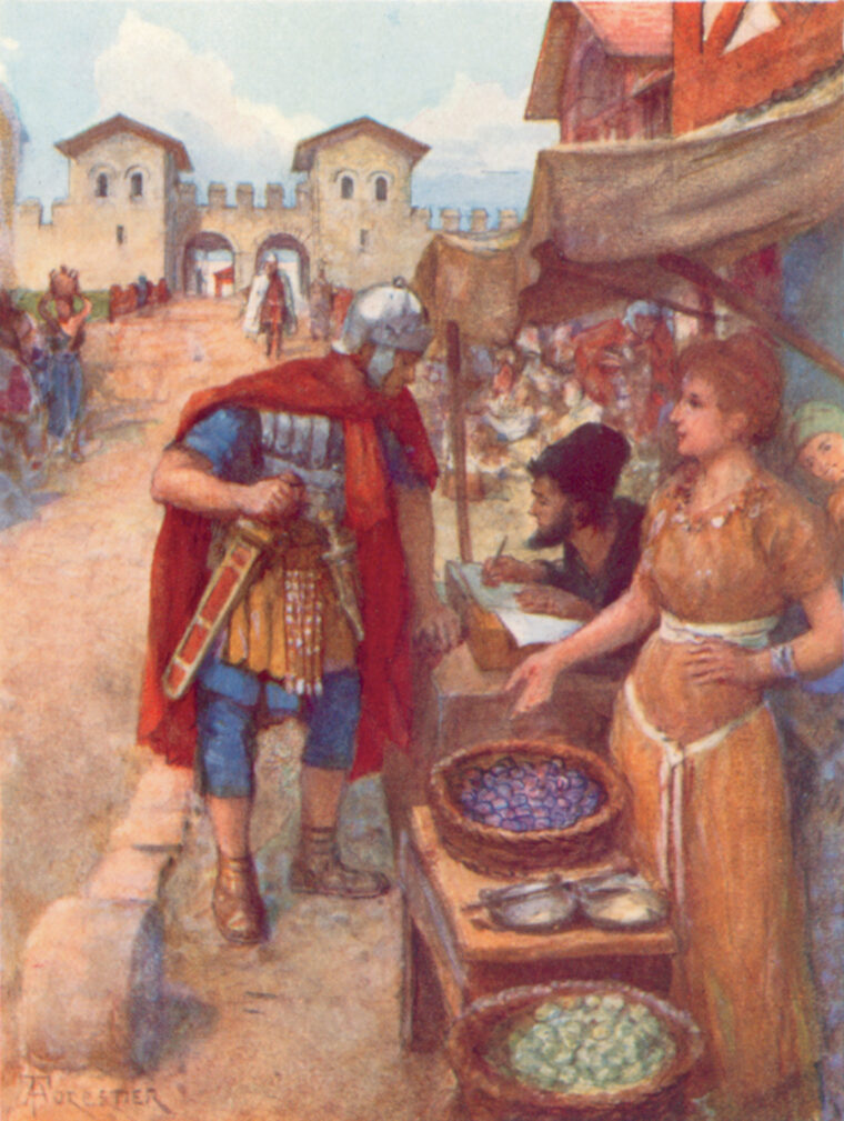 A Roman soldier dictates a letter to a scribe outside a permanent Roman camp in Germany.  