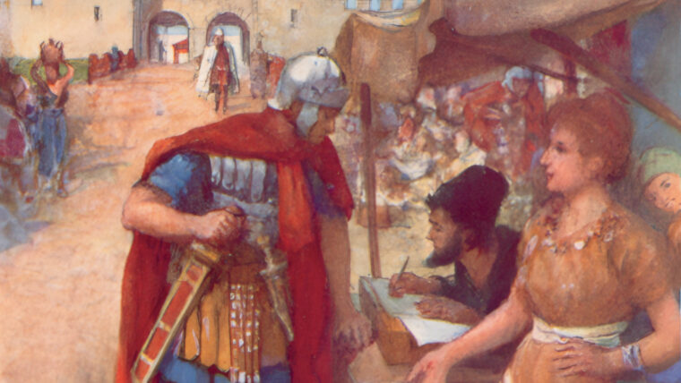 A Roman soldier dictates a letter to a scribe outside a permanent Roman camp in Germany.