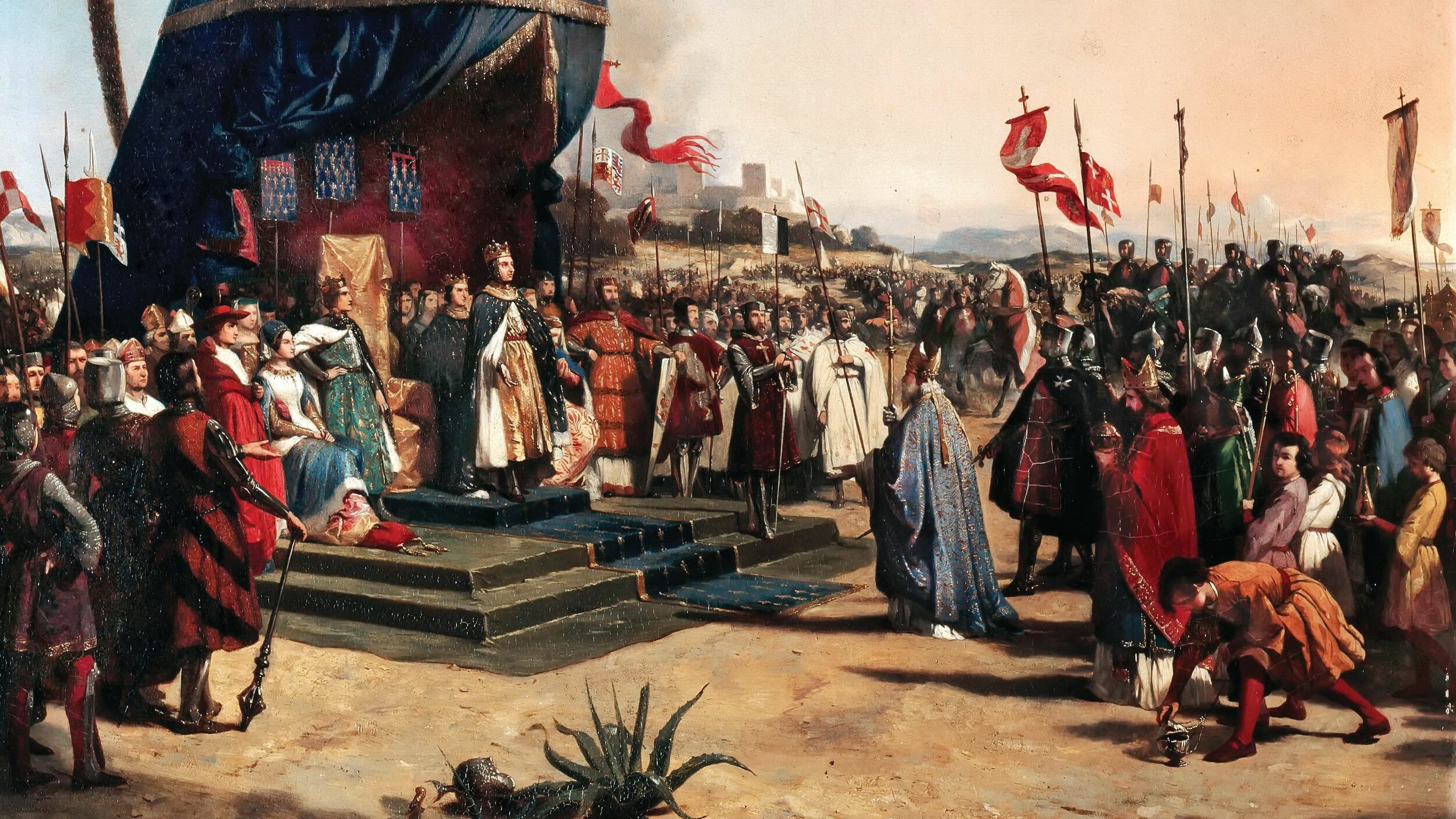 Saint Louis, King Louis IX of France receives Robert of Nantes, Patriarch of Jerusalem, in Damietta, Egypt, in June of 1249. Robert is lending his knights to the battle ahead, the Seventh Crusade. Nineteenth century painting by French artist Oscar Gué.