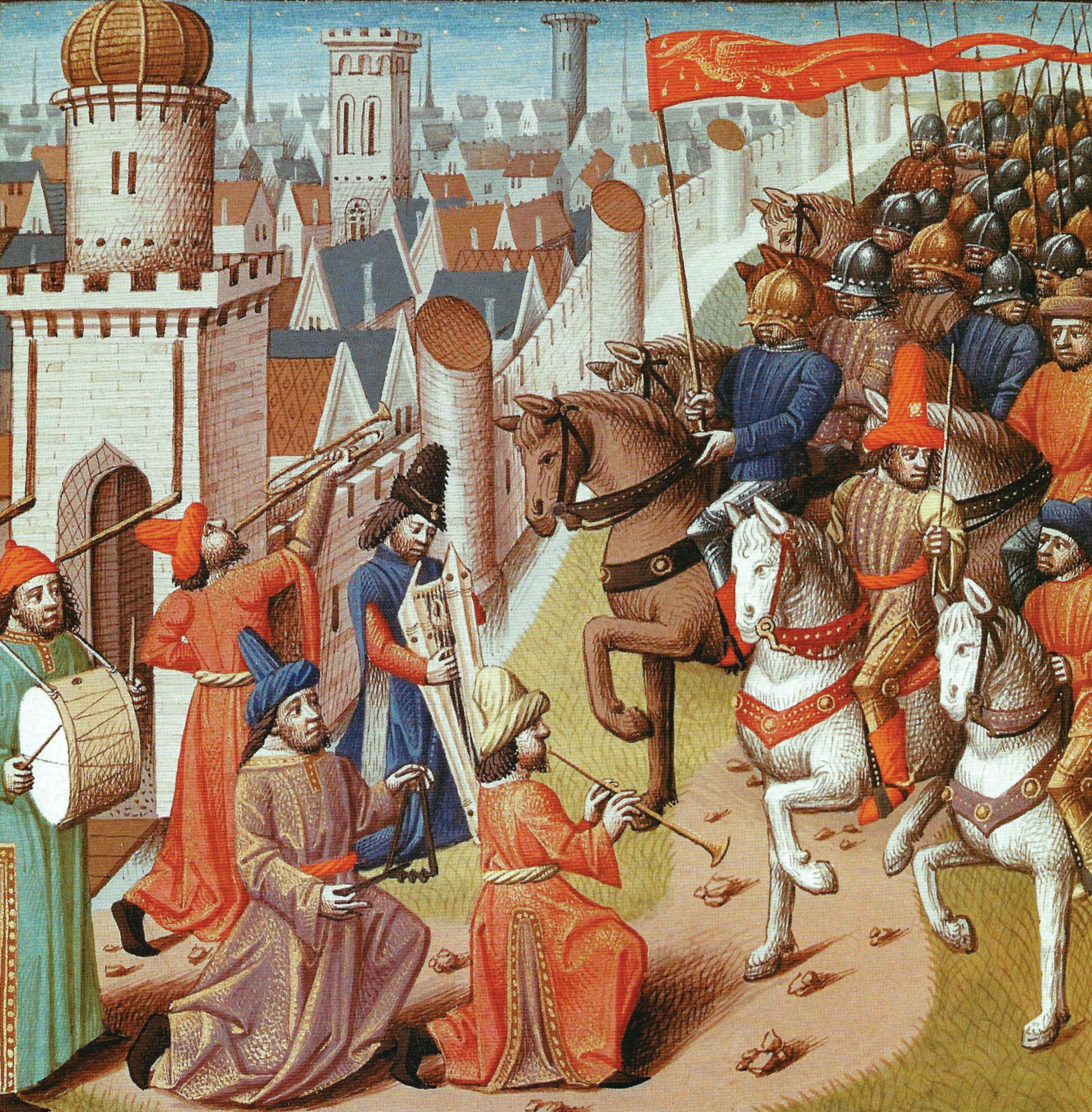 This medieval era painting depicts the crusader’s arrival at Damietta, with the Egyptian inhabitants greeting the French King Louis IX and his troops with music and fanfare. In reality, most of the Egyptian soldiers and the civilian population had fled.