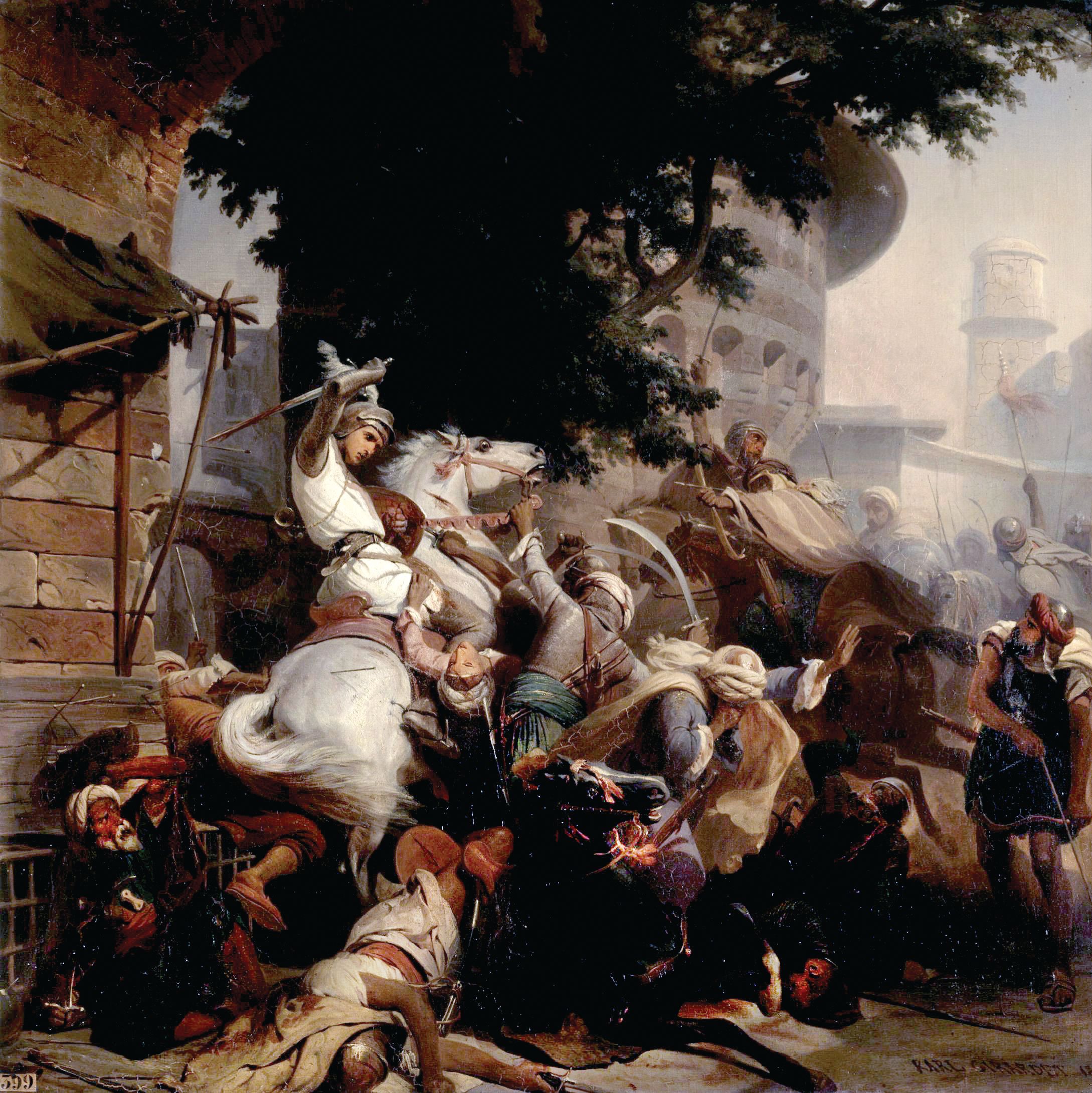 A French knight attempts to fend off Muslims on the narrow city streets of Mansourah. Unable to maneuver in the city streets, many were cut down.
