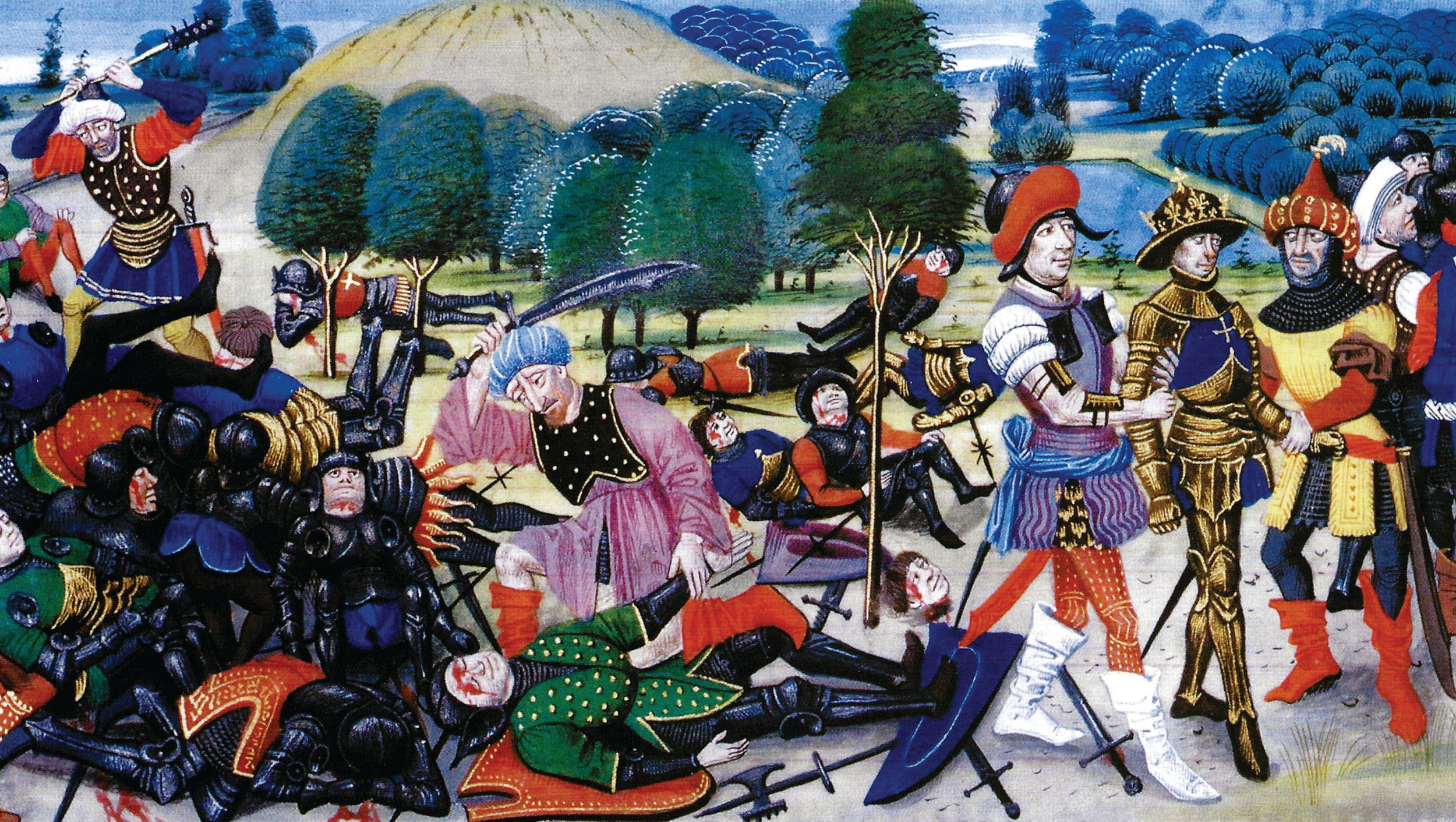 Detail of this miniature painting depicts the capture of King Louis IX (Saint Louis). Weak and disease-ridden Louis and most of his rear guard were captured  at the town of Fariskur. After long negotiations, Damietta was restored to the sultan, along with a substantial sum, in return for King Louis and any of his surviving knights. 