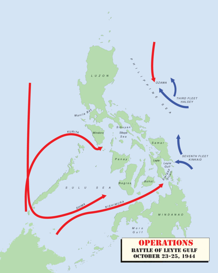 The Japanese plan called for three main forces to converge on Leyte Gulf.