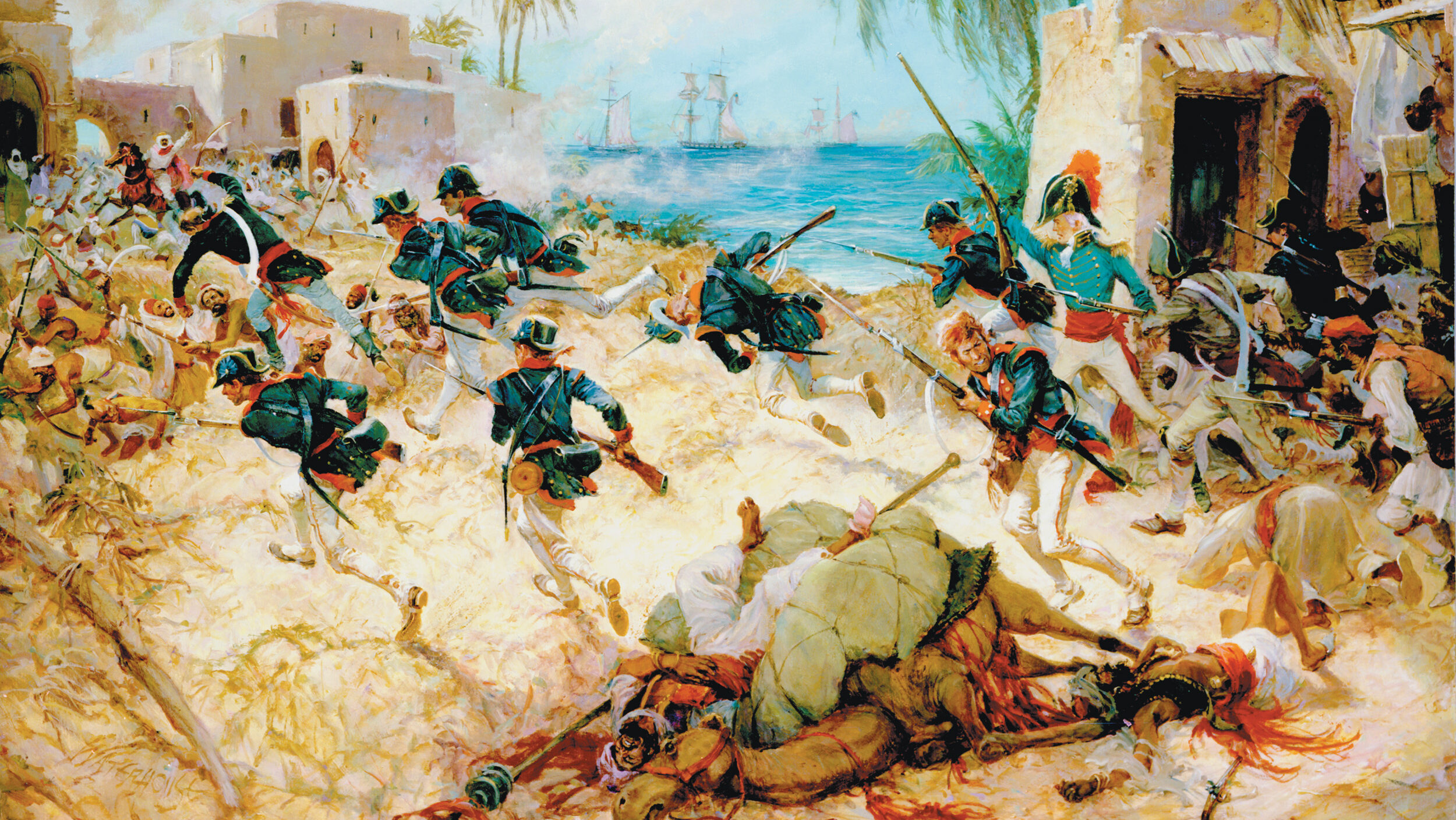 In this painting by Colonel Charles Waterhouse, Marine Lieutenant Presley O’Bannon leads his men in the final assault against the pirate stronghold at Derna, Tripoli.