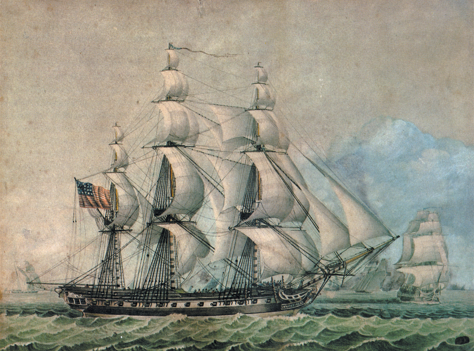 The frigate USS Philadelphia cuts through the sea at full sail shortly before its capture by Tripolitan corsairs. Her seizure by pirates was the catalyst for Eaton’s punitive expedition.