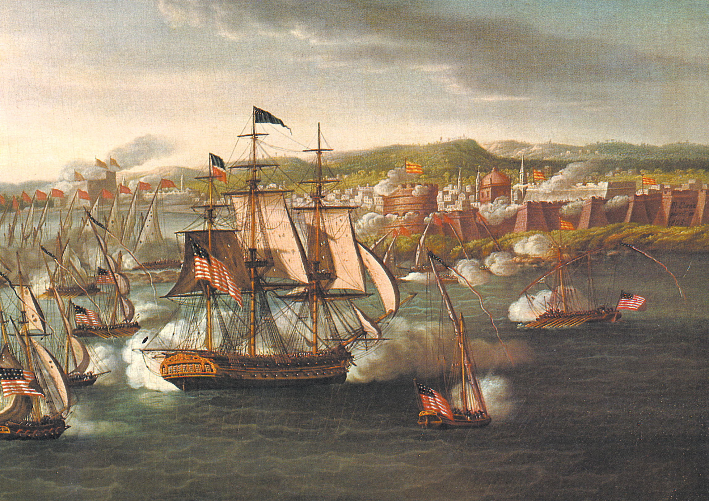 On a mission to free the 307 men taken prisoner from the captured Philadelphia, the USS Constitution, under the command of Commodore Edward Preble blasts the shore batteries in the harbor of Tripoli.
