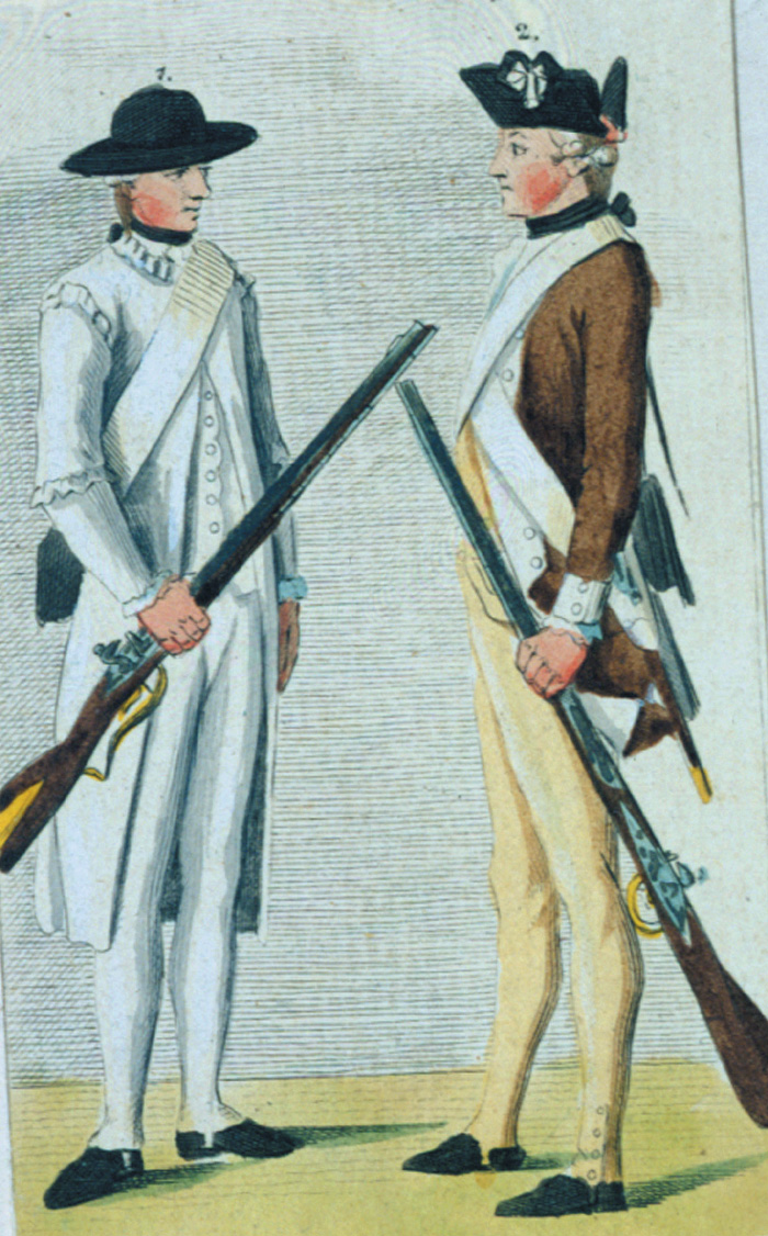 A period drawing of an American rifleman (left) and a Pennsylvania regular infantryman. Both men’s dress and equipment were typical of the  American military during the Revolutionary War.