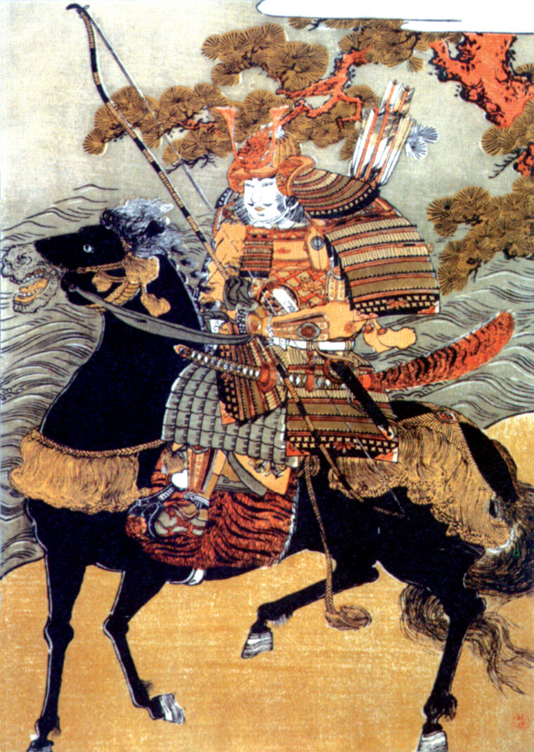 Minamoto Yoshitsune was the brother of Yoritomo and helped him become shogun.  Yoshitsune is shown here with his bow, at the time the preferred weapon of the Japanese samurai.  