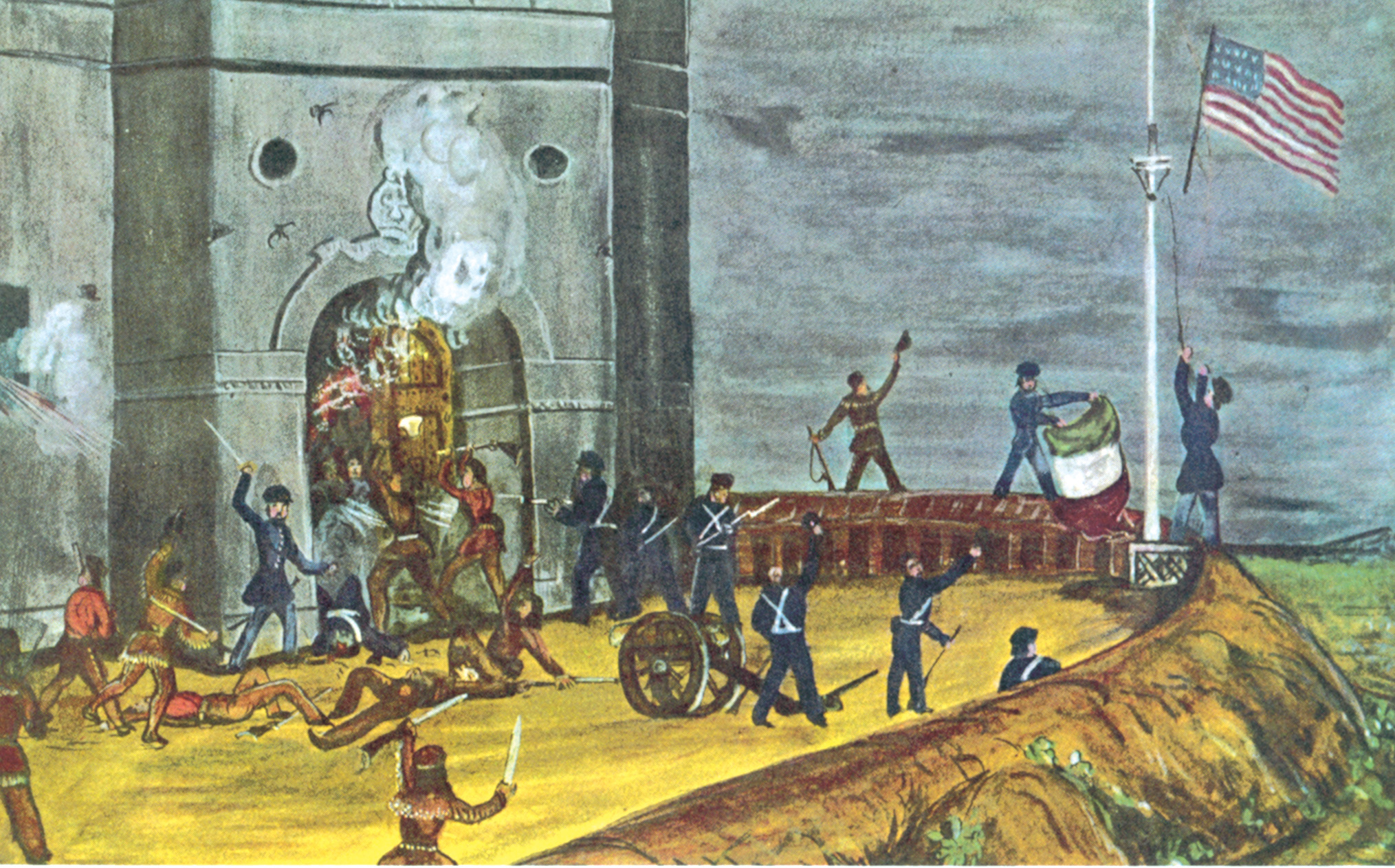 Samuel Chamberlain joined the American Army at age 16 and later illustrated his own account of the war. His painting of the attack on the Bishop’s Palace in Monterrey includes a light artillery gun.