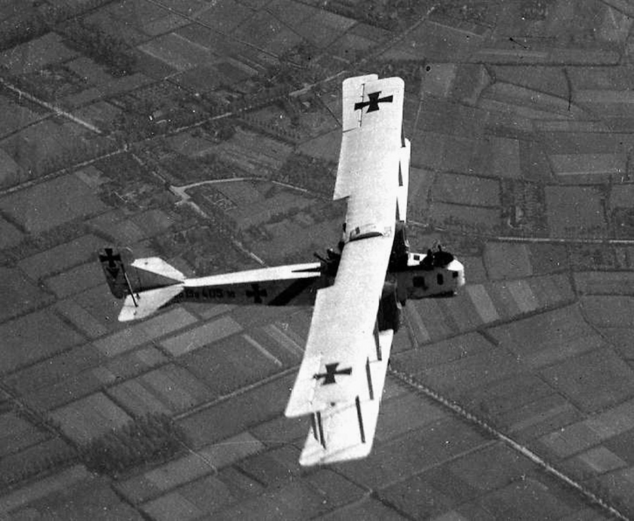 A Gotha in flight. Gothas used powerful Mercedes engines and could make about 90 mph with no headwind. 