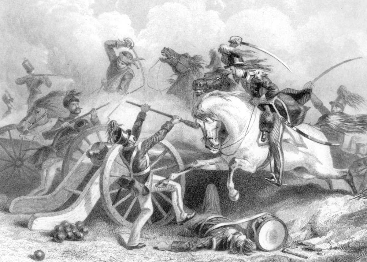In a fanciful period engraving, American cavalry overrun a Mexican artillery position.