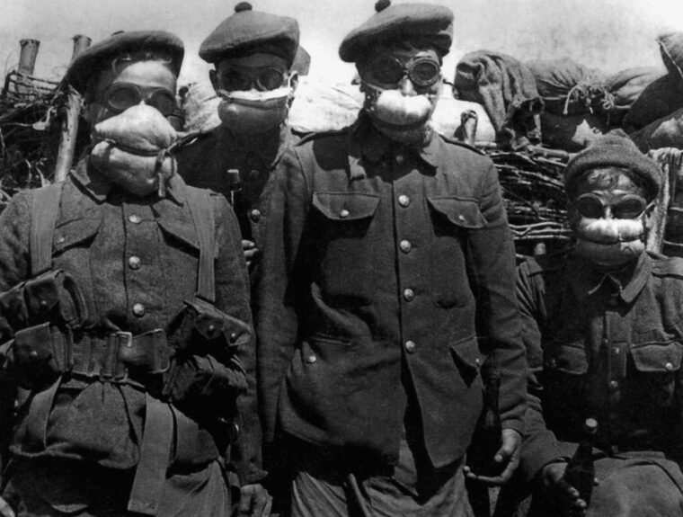 These Highlanders display what could be considered the first “respirators.” Composed of a set of goggles and cotton pads, these offered protection from gas attack.