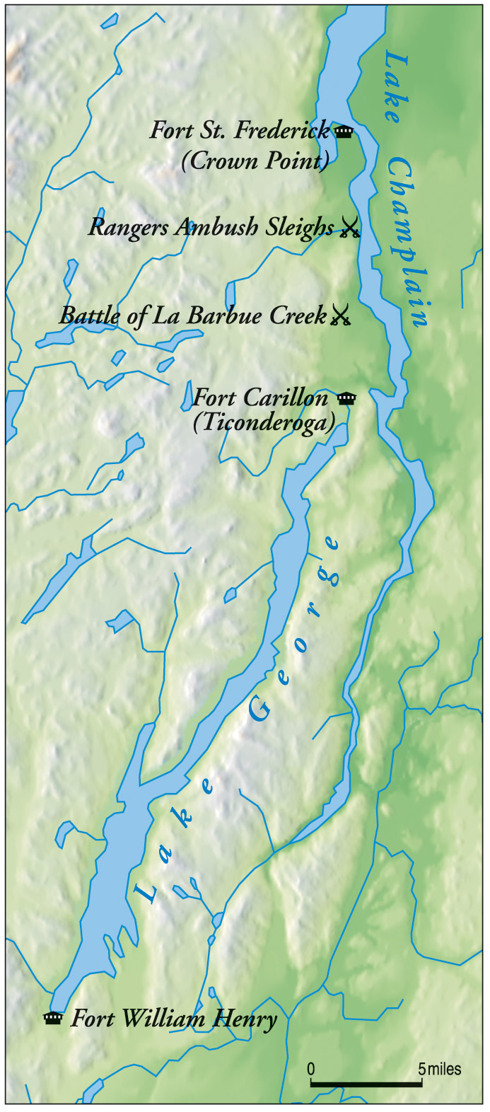 The British were at the southern end of Lake George at Fort William Henry. The French controlled the northern end, as well as Lake Champlain.  