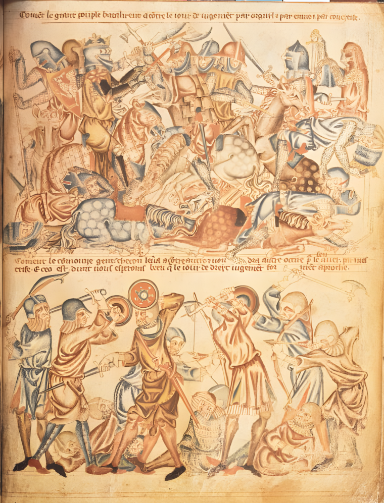 A medieval version of the struggle, depicting both the knights (upper) and commoners (lower) engaged in the fighting.