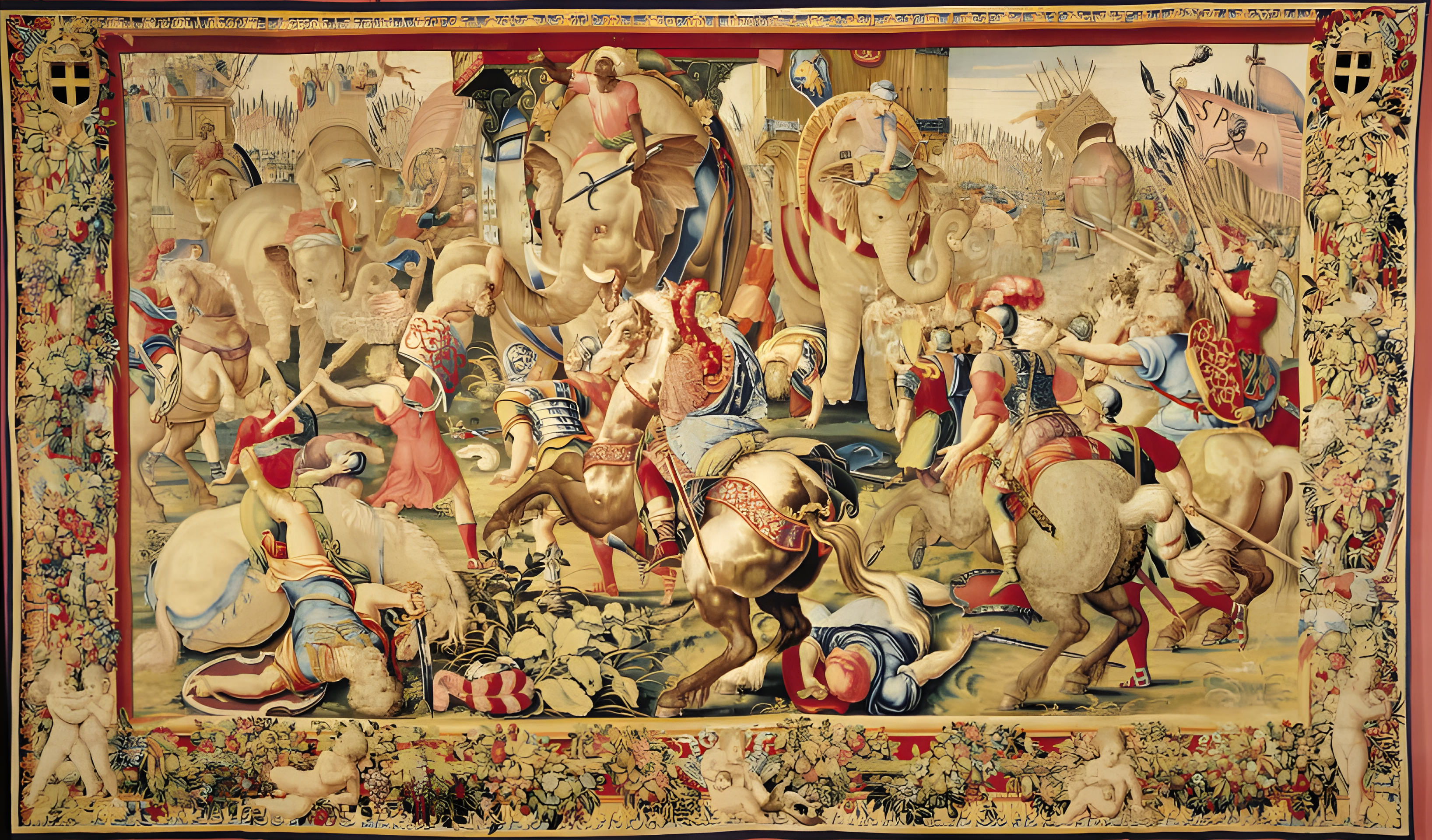 A 16th-century tapestry colorfully illustrates the Battle of Zama.