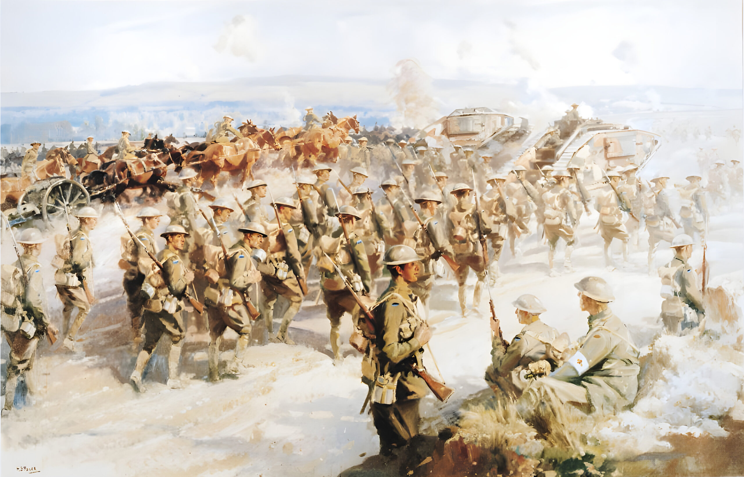 In a painting by H. Septimus Power, Allied troops are shown moving up with tanks at the Battle of Amiens. They made about nine miles the first day. 