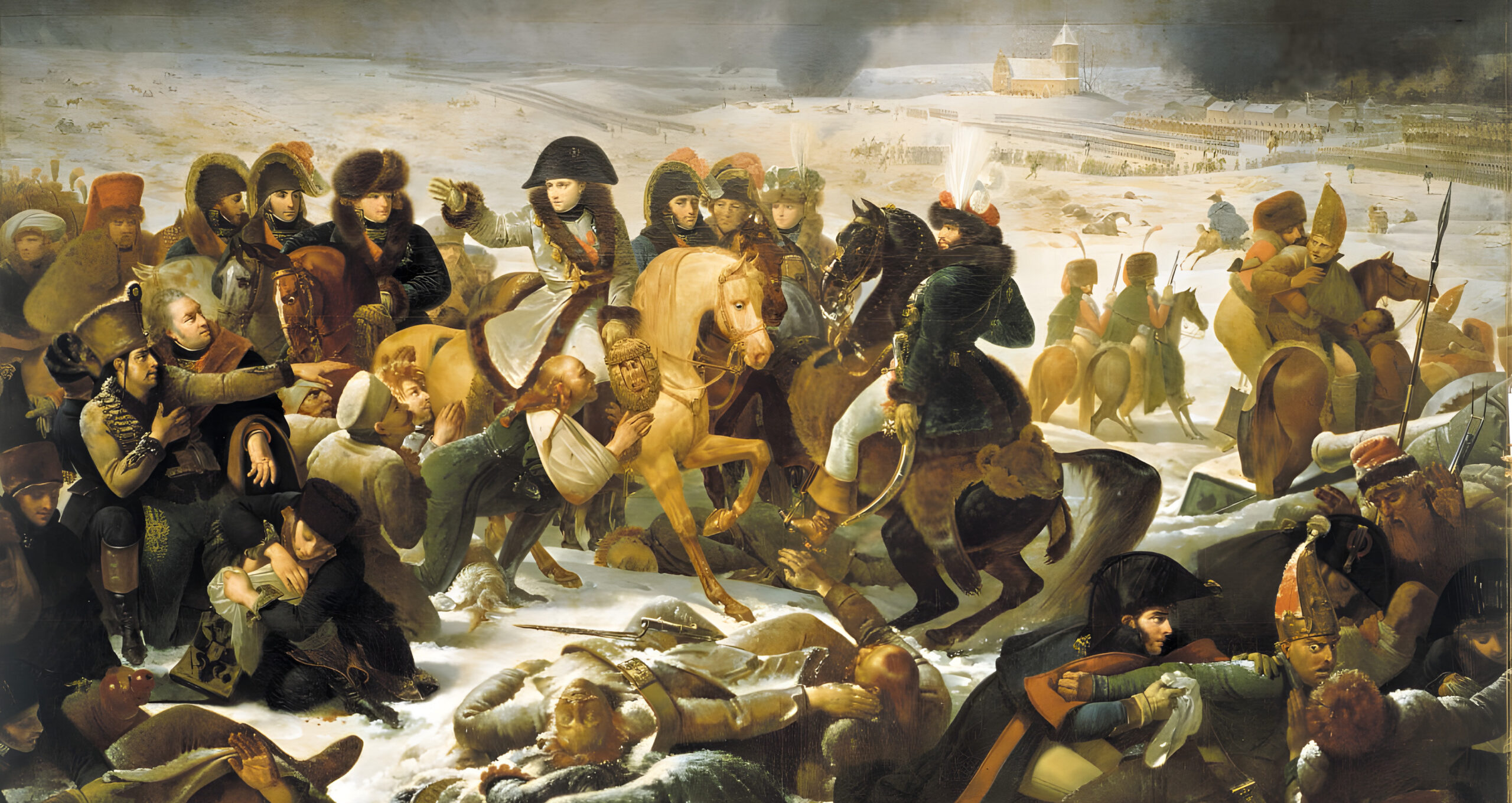Having heard that the Russians claimed a victory, Napoleon commissioned a painting showing that he was the victor. The results depict the Emperor visiting the frozen field of the struggle, surrounded by the defeated begging for mercy.