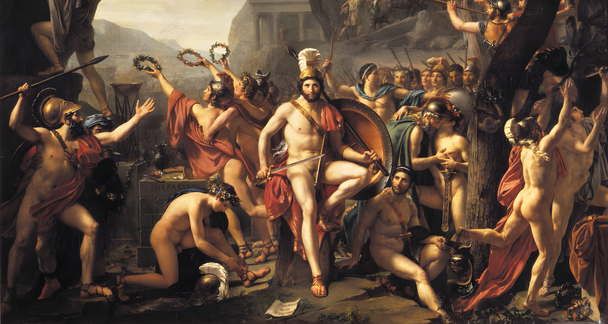 King Leonidas marched from Sparta to defend the narrow pass at Thermopylae against the gargantuan Persian army. He and his men lost their lives in the process. Jacques Louis David painted this highly romantic scene in 1814.