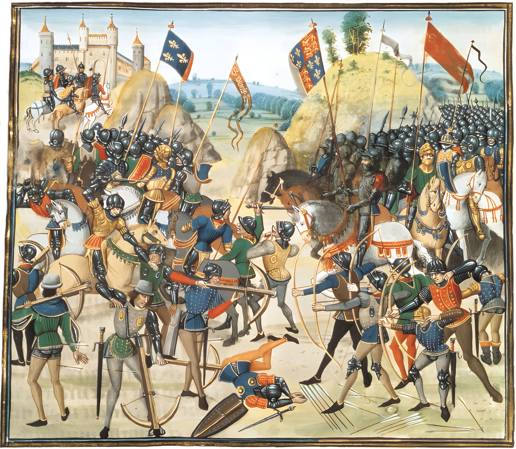 A color print from Jean Froissart’s Chronicles, a description of western Europe from 1327 to 1400 composed in the late 1400s, shows Genoese crossbowmen squaring off against English longbowmen at Crécy in 1346. Mounted knights await their turn to clash in the thunderous battle. 