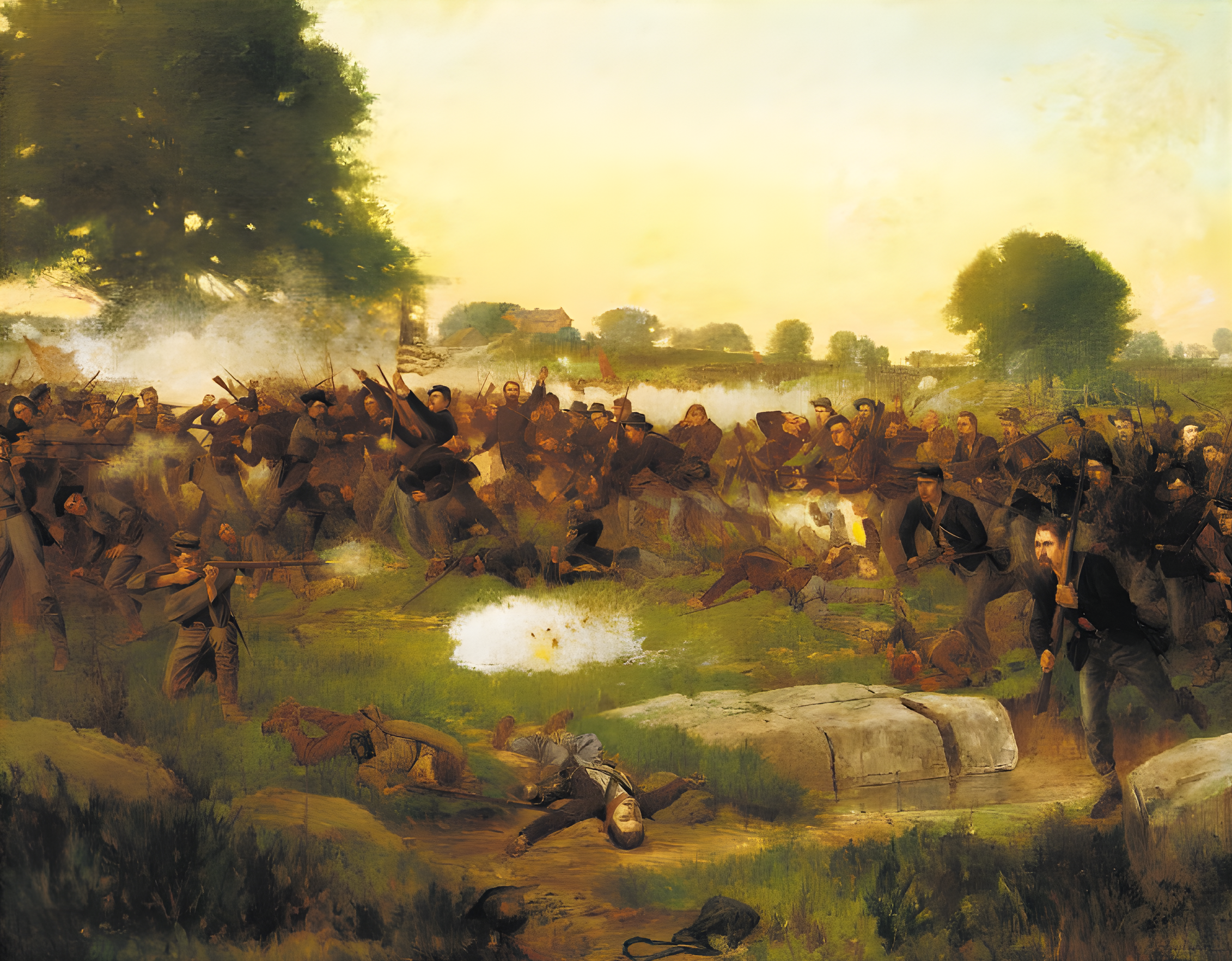 The 1st Minnesota Volunteer Infantry Regiment charges into Cadmus Wilcox’s Alabamians about to penetrate the Union line along Cemetery Ridge on the battle’s second day. Hancock ordered the suicidal charge to buy time to repair the Union position. 