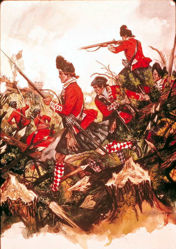Britain’s “Black Watch” Highland Regiment attacks through abatis in this painting by historical artist Gerry Embleton. Their objective was a defensive wall outside Fort Carillon on Lake Champlain.